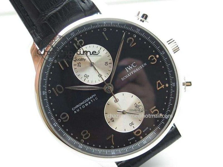 Neat Portuguese 40mm Chrono SS Black Dial On Black Leather Strap A 7382