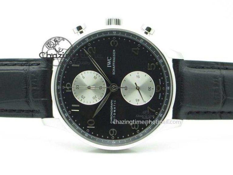 Neat Portuguese 40mm Chrono SS Black Dial On Black Leather Strap A 7382