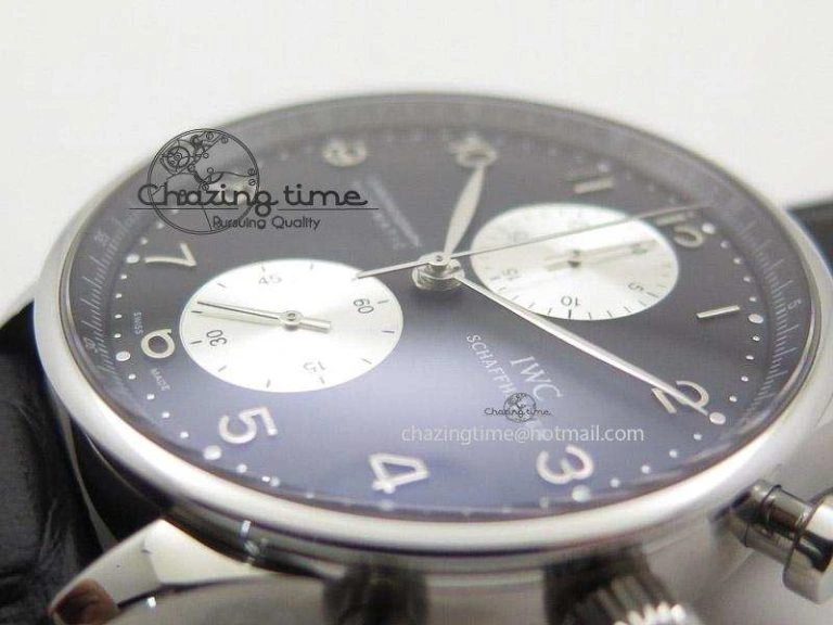 Neat Portuguese 40mm Chrono SS Black Dial On Black Leather Strap A 7382