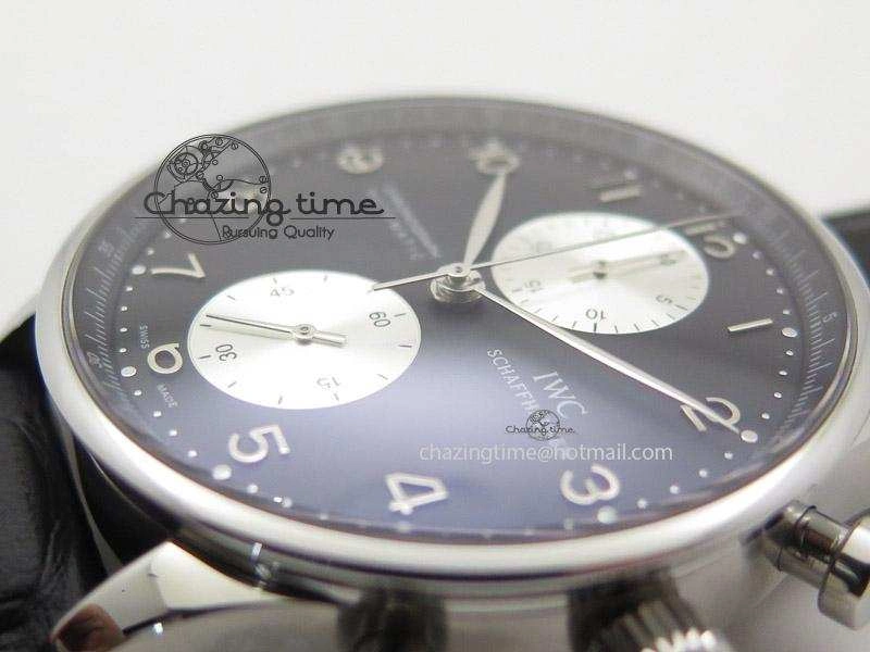 Neat Portuguese 40mm Chrono SS Black Dial On Black Leather Strap A 7382