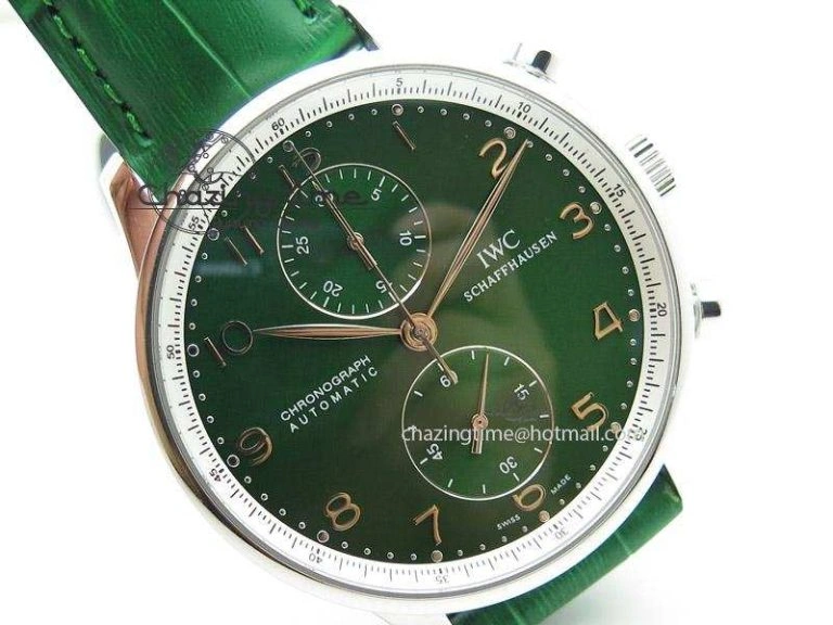 Portuguese 40mm Chrono SS Green Dial On Green Leather Strap A StreetReady 7380