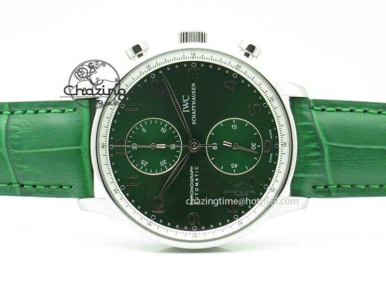 Portuguese 40mm Chrono SS Green Dial On Green Leather Strap A StreetReady 7380