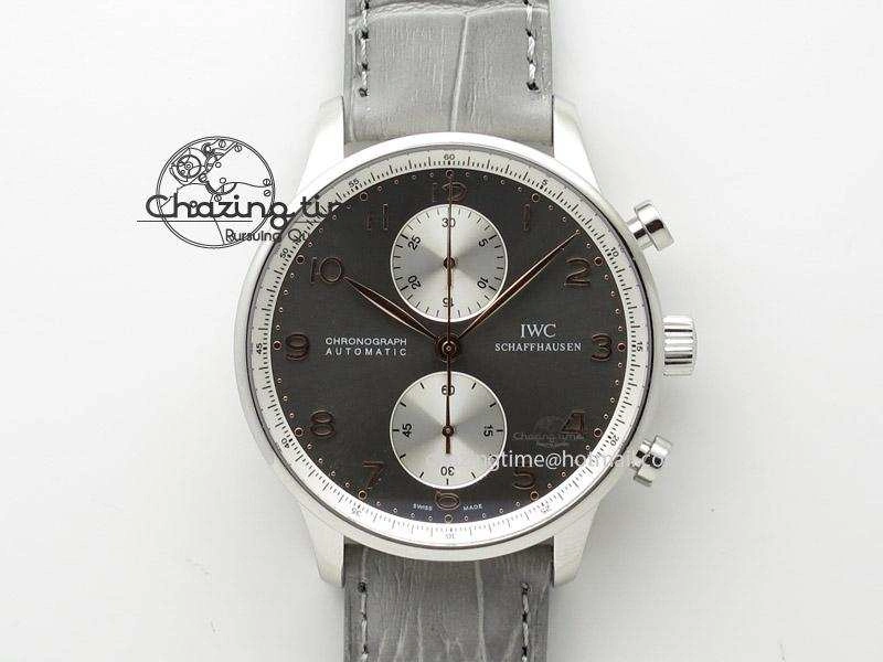 Reliable Portuguese 40mm Chrono SS Grey Dial On Grey Leather Strap A 7381
