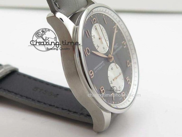 Reliable Portuguese 40mm Chrono SS Grey Dial On Grey Leather Strap A 7381