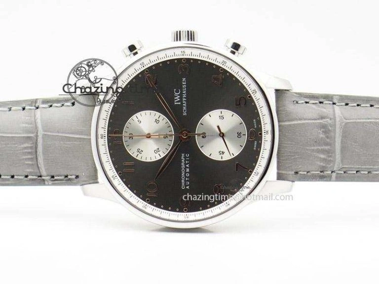 Reliable Portuguese 40mm Chrono SS Grey Dial On Grey Leather Strap A 7381