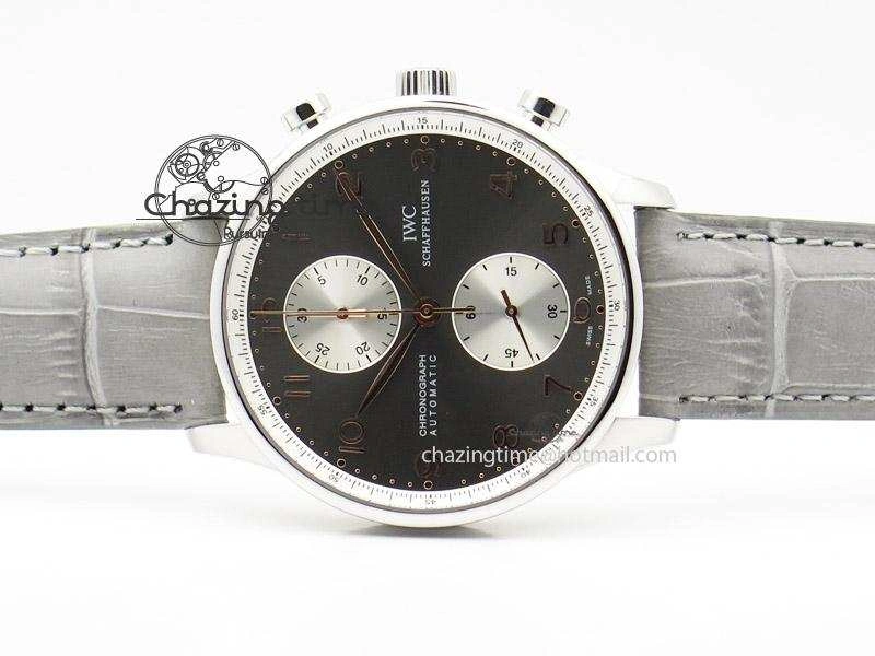 Reliable Portuguese 40mm Chrono SS Grey Dial On Grey Leather Strap A 7381