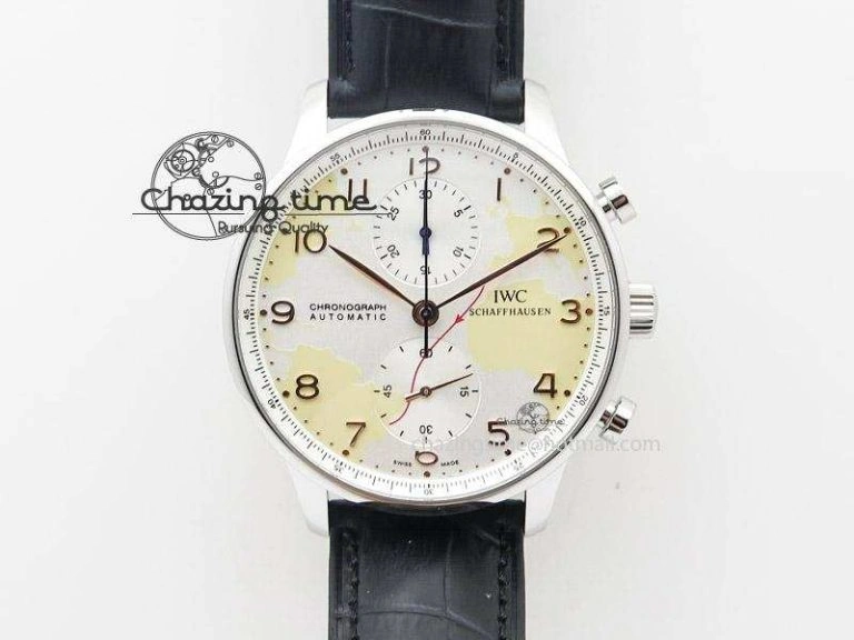 WaterResistant Portuguese 40mm Chrono SS Map Dial on Black Leather Strap A 7393