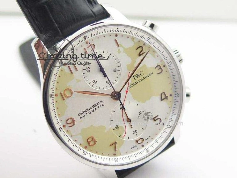 WaterResistant Portuguese 40mm Chrono SS Map Dial on Black Leather Strap A 7393