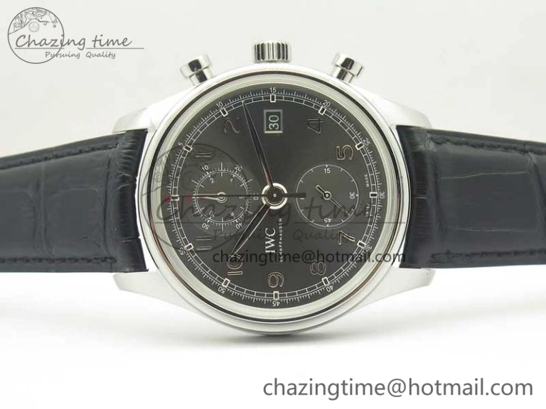 RelaxedFit Portuguese Chrono SS ZF 1:1 Best Edition Gray Dial SS On Black Leather Strap A 7215