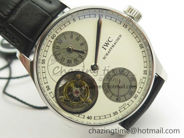 Portuguese Flying Tourbillon SS White Dial 2 Sub Dials on Black Leather Strap SoftTouch 7161
