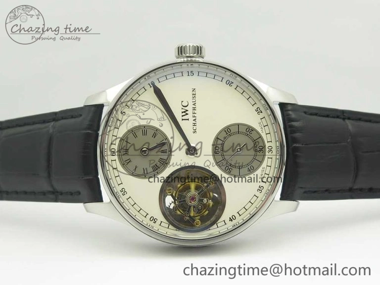 Portuguese Flying Tourbillon SS White Dial 2 Sub Dials on Black Leather Strap SoftTouch 7161