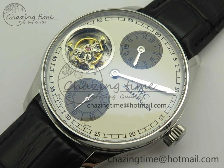 Portuguese Flying Tourbillon SS White Dial 2 Sub Dials on Black Leather Strap SoftTouch 7161