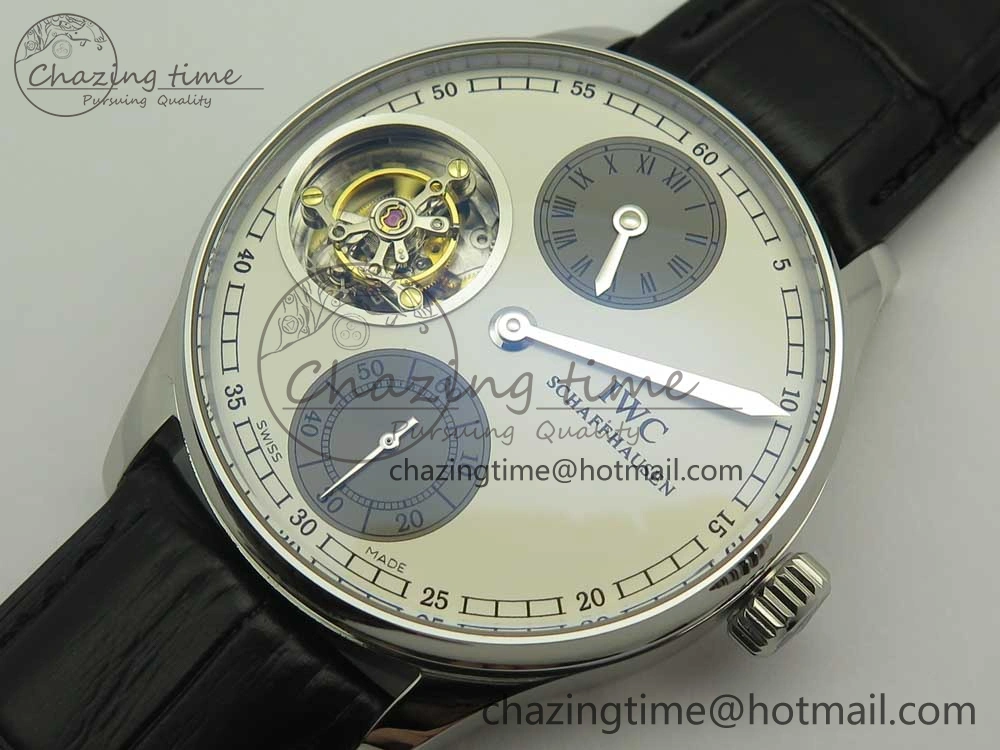 Portuguese Flying Tourbillon SS White Dial 2 Sub Dials on Black Leather Strap SoftTouch 7161