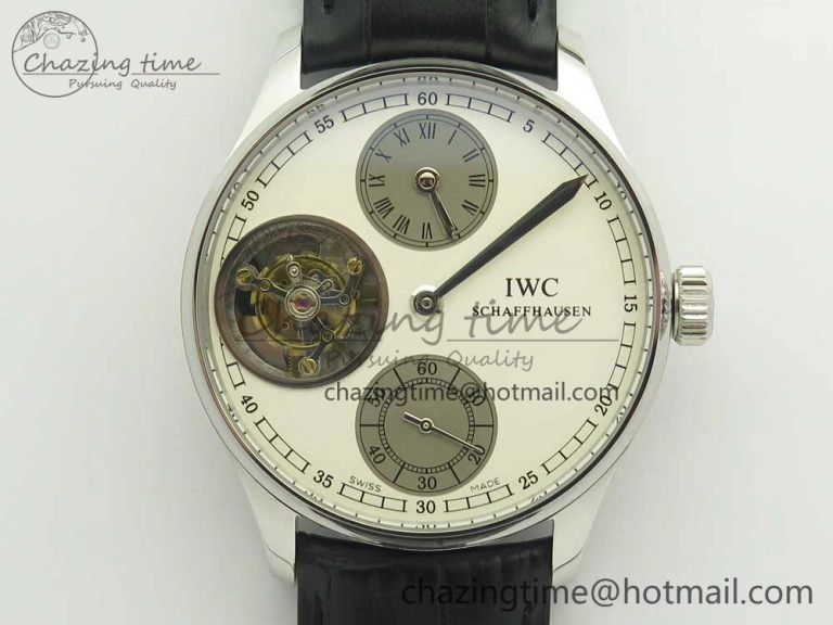 Portuguese Flying Tourbillon SS White Dial 2 Sub Dials on Black Leather Strap SoftTouch 7161