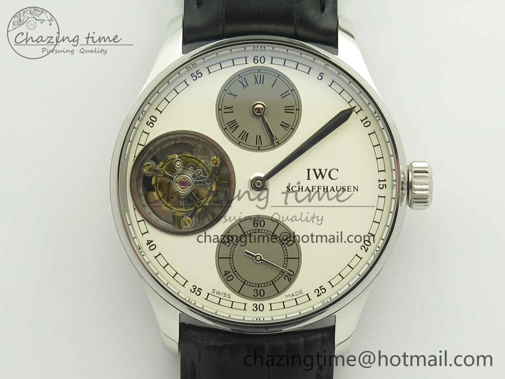 Portuguese Flying Tourbillon SS White Dial 2 Sub Dials on Black Leather Strap SoftTouch 7161