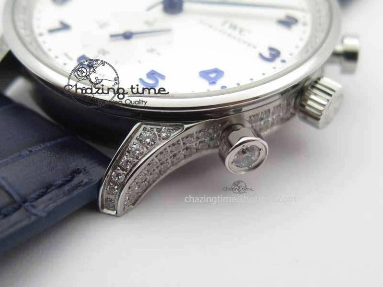 Portuguese IW3714 Diam ZF V2 1:1 Best Edition White Dial Blue Makers On Blue Leather Strap A79350 (Slim Movement) ZipUp 7248