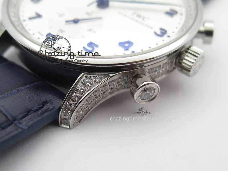 Portuguese IW3714 Diam ZF V2 1:1 Best Edition White Dial Blue Makers On Blue Leather Strap A79350 (Slim Movement) ZipUp 7248