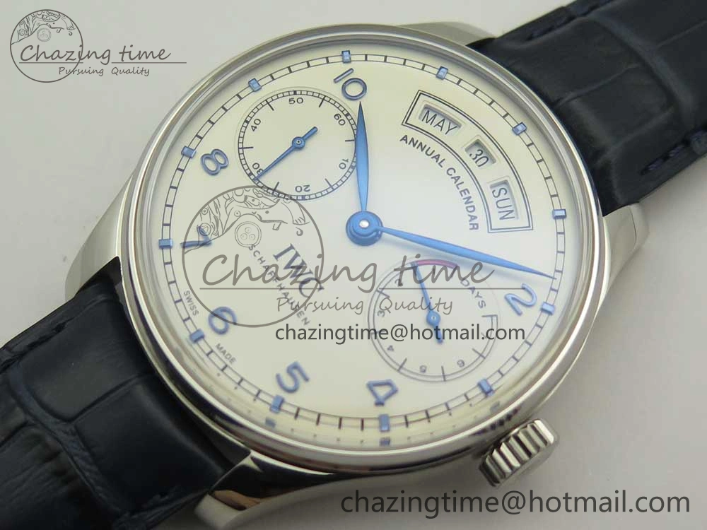 Vibrant Portuguese Real PR Real Annual Calendar IW5035 ZF 1:1 Best Edition White Dial Blue Markers on Blue Leather Strap A 7143