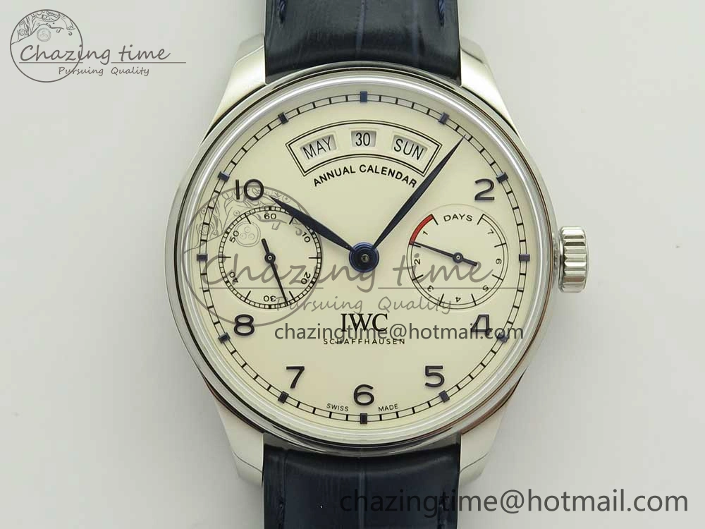 Vibrant Portuguese Real PR Real Annual Calendar IW5035 ZF 1:1 Best Edition White Dial Blue Markers on Blue Leather Strap A 7143