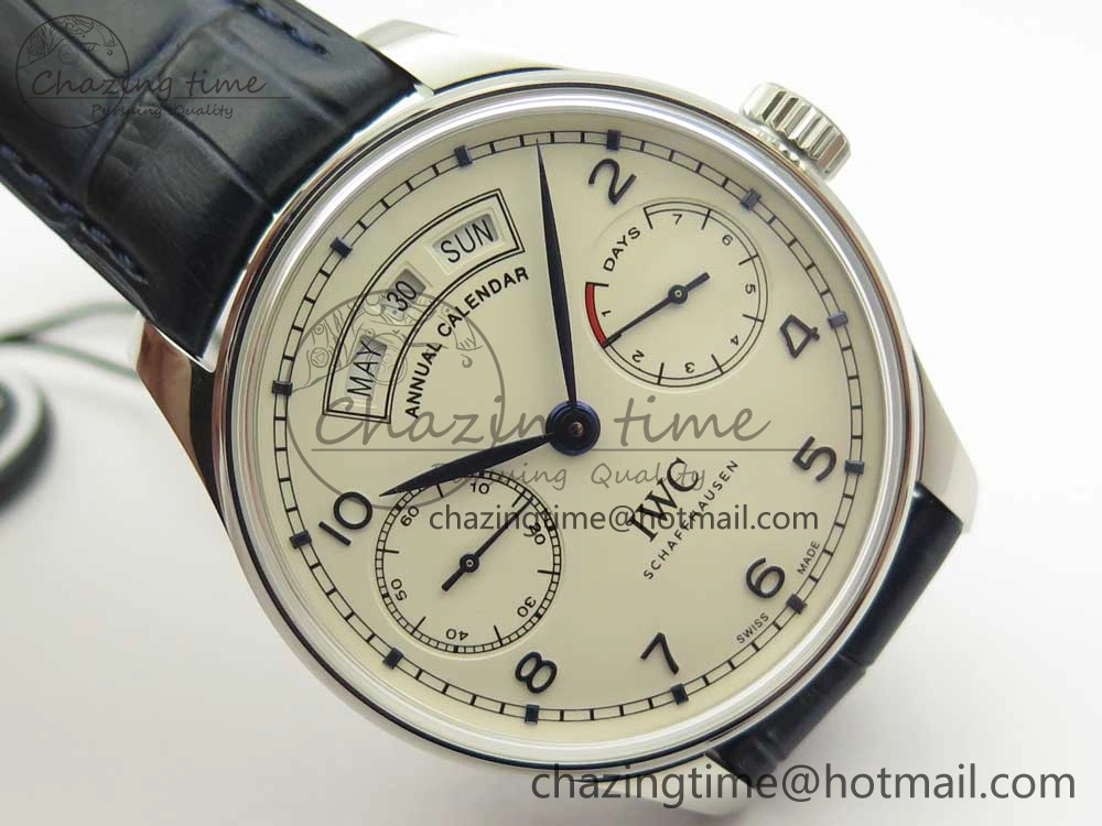Vibrant Portuguese Real PR Real Annual Calendar IW5035 ZF 1:1 Best Edition White Dial Blue Markers on Blue Leather Strap A 7143