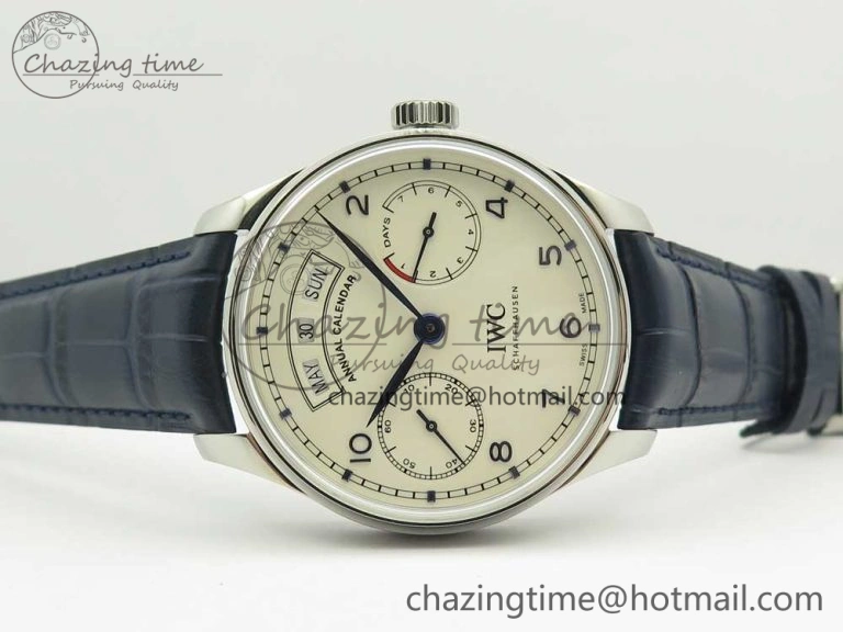 Vibrant Portuguese Real PR Real Annual Calendar IW5035 ZF 1:1 Best Edition White Dial Blue Markers on Blue Leather Strap A 7143