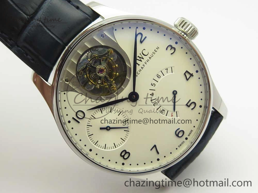 Neat Portuguese Tourbillon IW5046 SS ZF Best Edition White Dial Blue Markers on Blue Leather Strap 7149