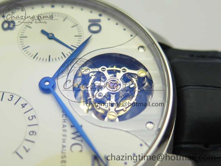 Neat Portuguese Tourbillon IW5046 SS ZF Best Edition White Dial Blue Markers on Blue Leather Strap 7149