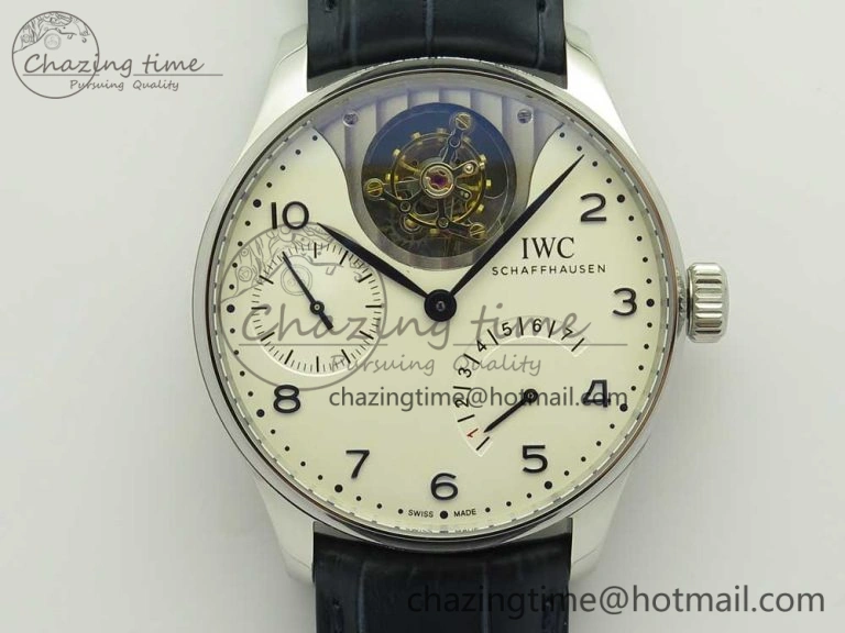 Neat Portuguese Tourbillon IW5046 SS ZF Best Edition White Dial Blue Markers on Blue Leather Strap 7149