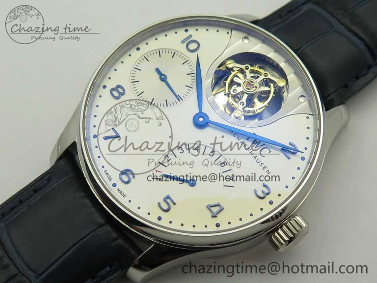 Neat Portuguese Tourbillon IW5046 SS ZF Best Edition White Dial Blue Markers on Blue Leather Strap 7149