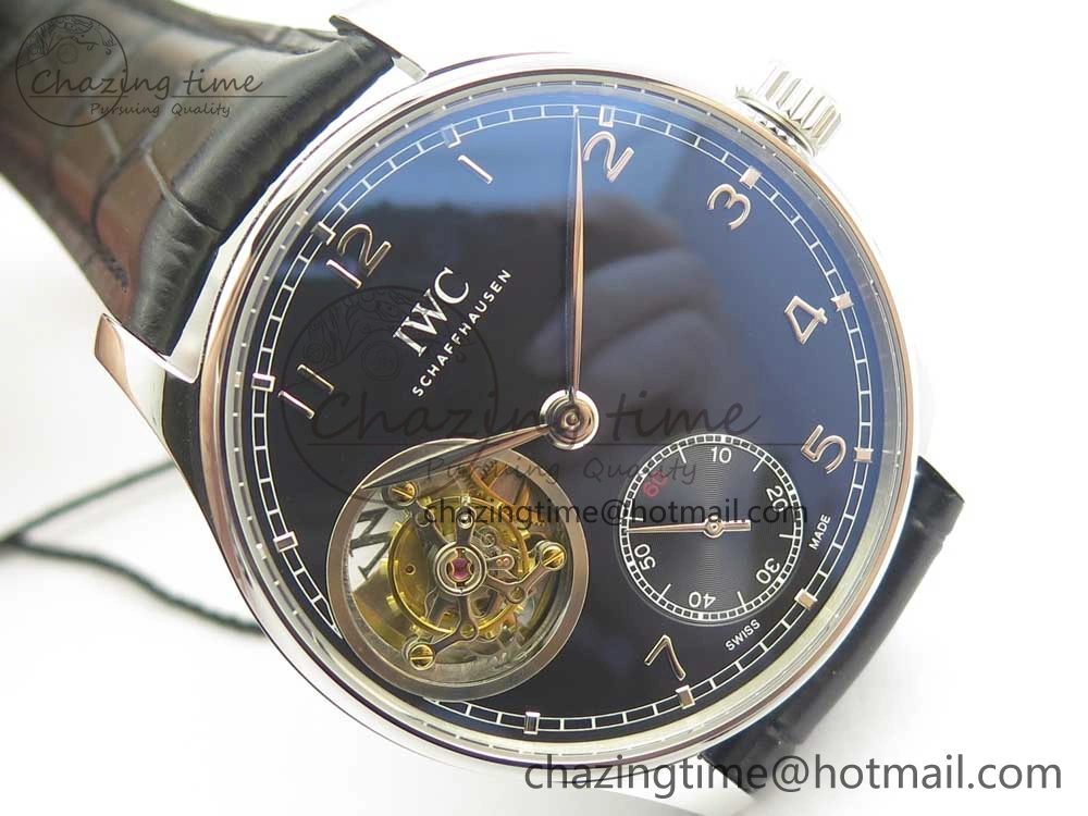 Portuguese Tourbillon IW5463 SS ZF Best Edition Black Dial on Black Leather Strap TimelessDesign 7173