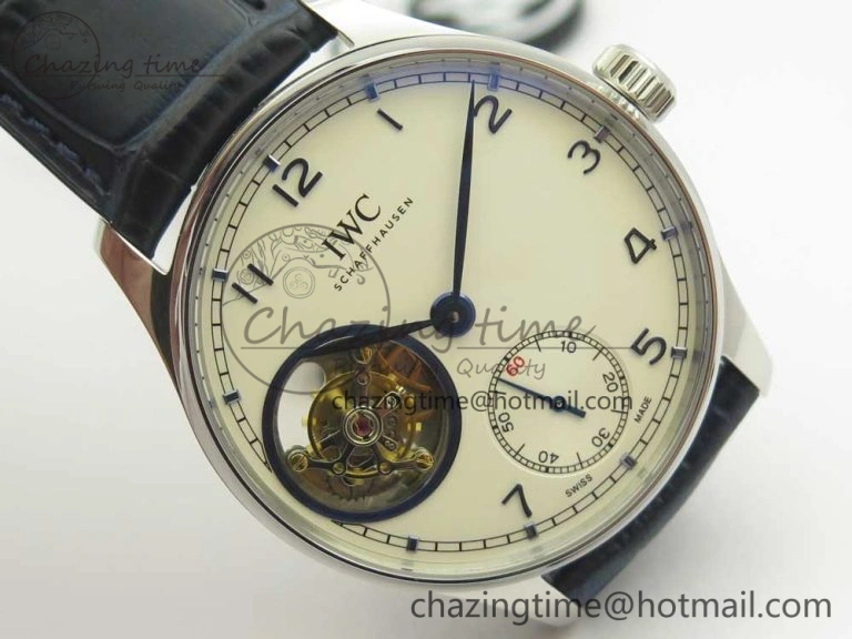 Portuguese Tourbillon IW5463 SS ZF Best Edition White Dial Blue Hands on Blue Leather Strap Packable 7172