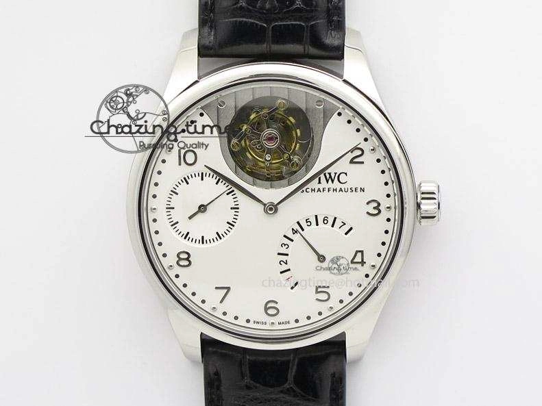 Soft Portuguese Tourbillon Mystere SS TF Best Edition White Dial on Black Croc Leather Strap 7384