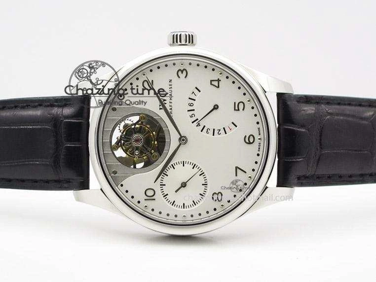 Soft Portuguese Tourbillon Mystere SS TF Best Edition White Dial on Black Croc Leather Strap 7384