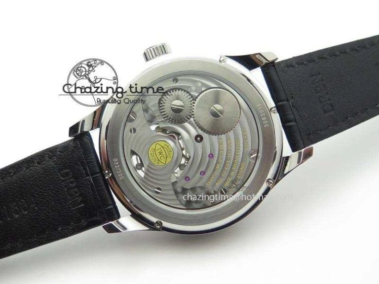 Functional Portuguese Tourbillon Power Reserve Moonphase SS Black Dial Gold Numbers On Black Leather Strap 7320