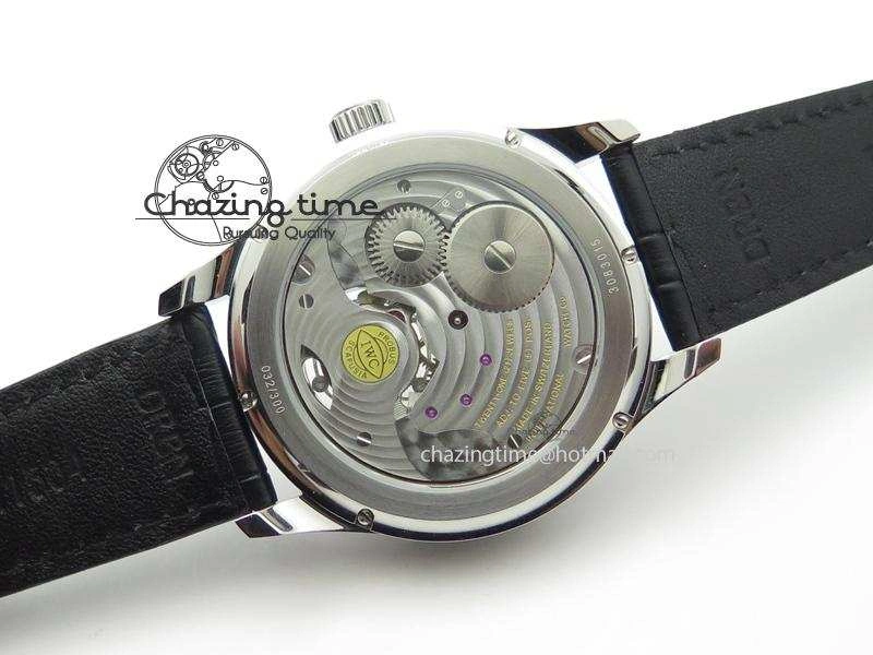 Functional Portuguese Tourbillon Power Reserve Moonphase SS Black Dial Gold Numbers On Black Leather Strap 7320