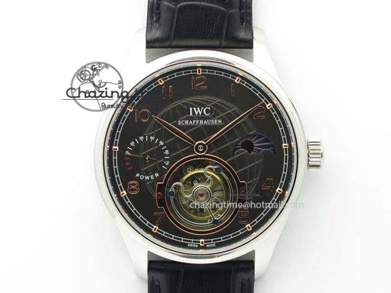 Functional Portuguese Tourbillon Power Reserve Moonphase SS Black Dial Gold Numbers On Black Leather Strap 7320