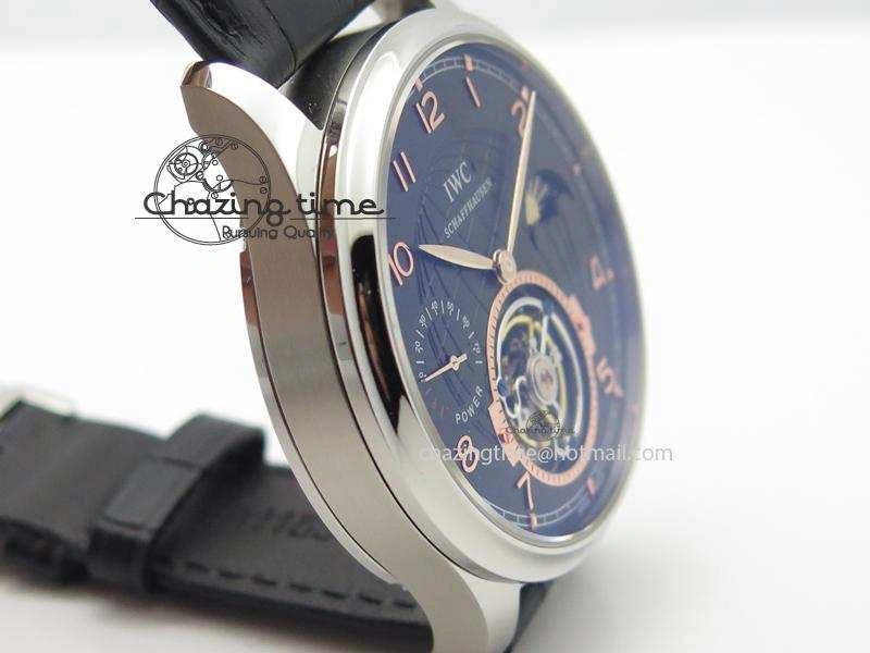 Functional Portuguese Tourbillon Power Reserve Moonphase SS Black Dial Gold Numbers On Black Leather Strap 7320