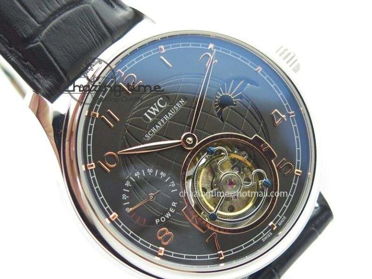 Functional Portuguese Tourbillon Power Reserve Moonphase SS Black Dial Gold Numbers On Black Leather Strap 7320