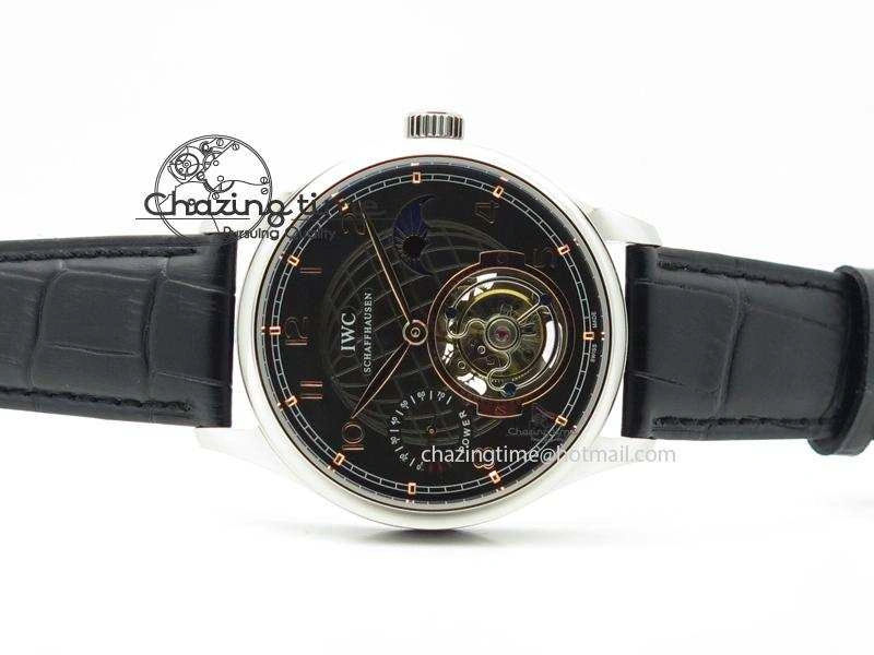 Functional Portuguese Tourbillon Power Reserve Moonphase SS Black Dial Gold Numbers On Black Leather Strap 7320