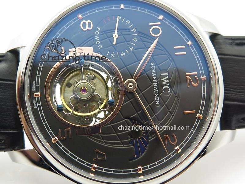Functional Portuguese Tourbillon Power Reserve Moonphase SS Black Dial Gold Numbers On Black Leather Strap 7320