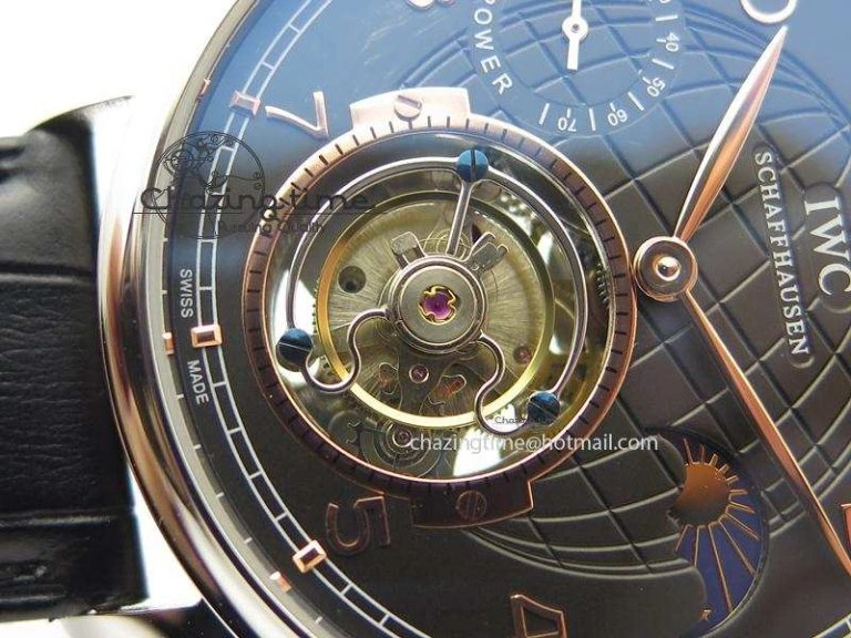 Functional Portuguese Tourbillon Power Reserve Moonphase SS Black Dial Gold Numbers On Black Leather Strap 7320