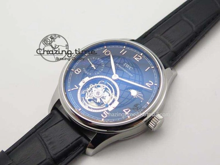 Functional Portuguese Tourbillon Power Reserve Moonphase SS Black Dial Gold Numbers On Black Leather Strap 7320