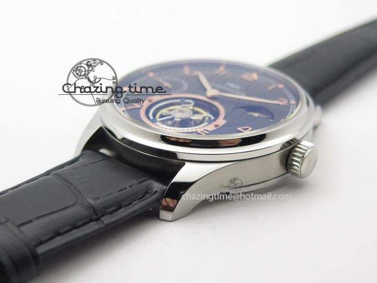 Functional Portuguese Tourbillon Power Reserve Moonphase SS Black Dial Gold Numbers On Black Leather Strap 7320