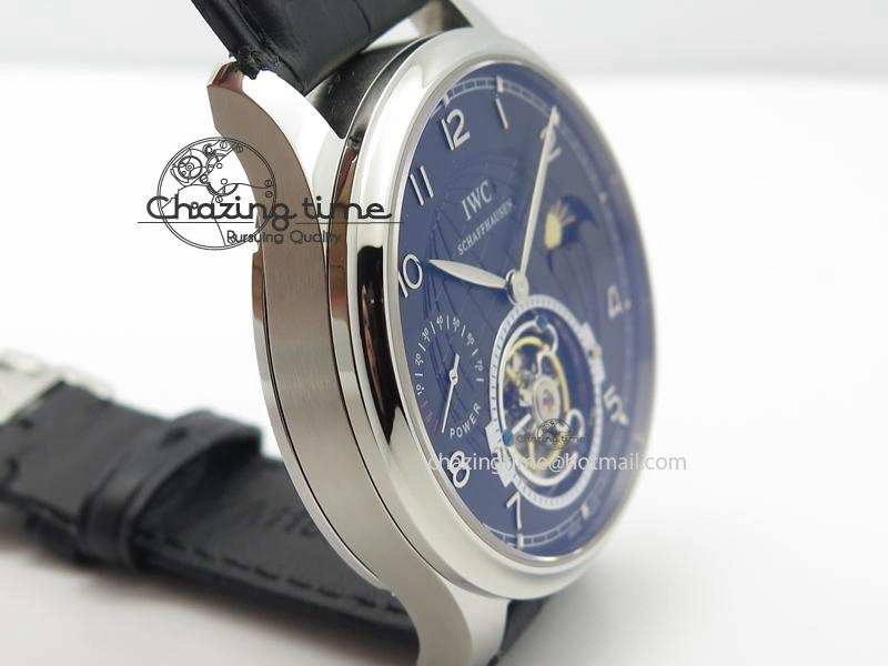 Compact Portuguese Tourbillon Power Reserve Moonphase SS Black Dial On Black Leather Strap 7321
