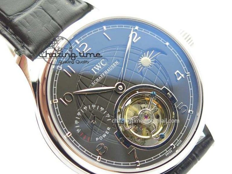 Compact Portuguese Tourbillon Power Reserve Moonphase SS Black Dial On Black Leather Strap 7321
