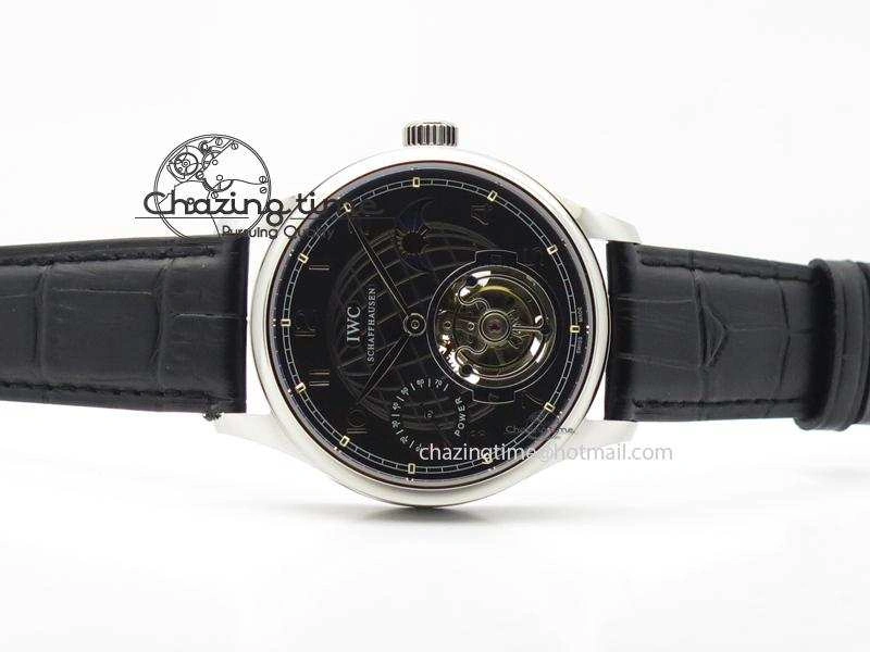 Compact Portuguese Tourbillon Power Reserve Moonphase SS Black Dial On Black Leather Strap 7321