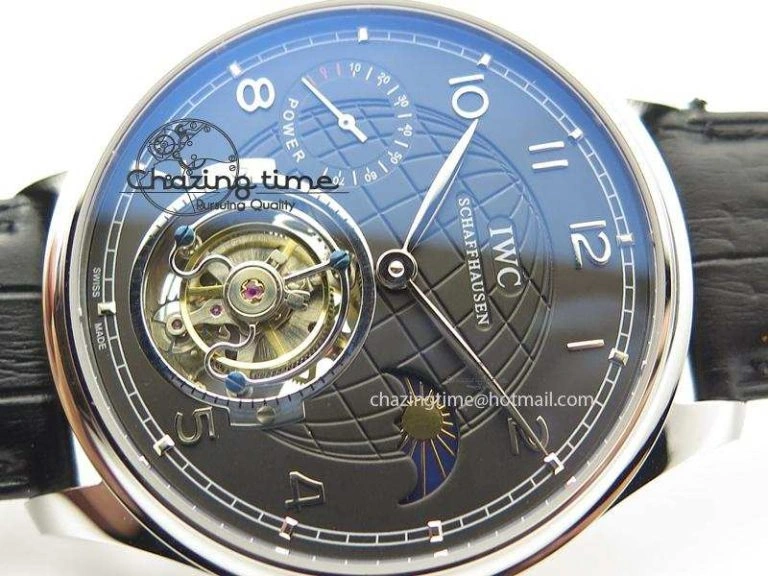 Compact Portuguese Tourbillon Power Reserve Moonphase SS Black Dial On Black Leather Strap 7321