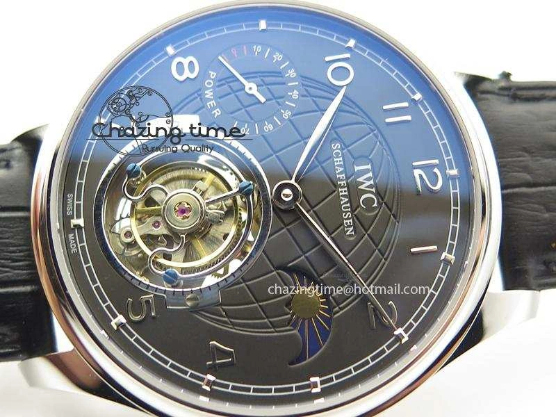 Compact Portuguese Tourbillon Power Reserve Moonphase SS Black Dial On Black Leather Strap 7321
