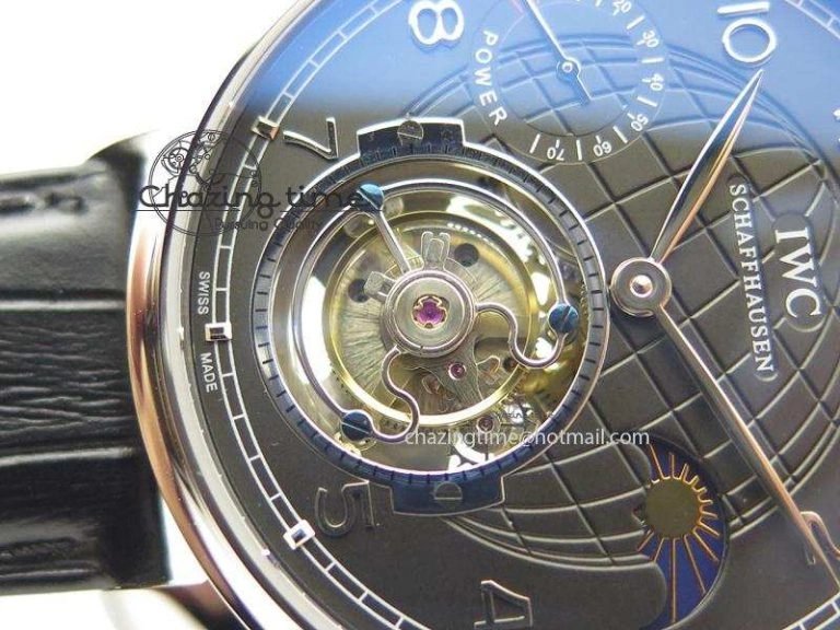 Compact Portuguese Tourbillon Power Reserve Moonphase SS Black Dial On Black Leather Strap 7321