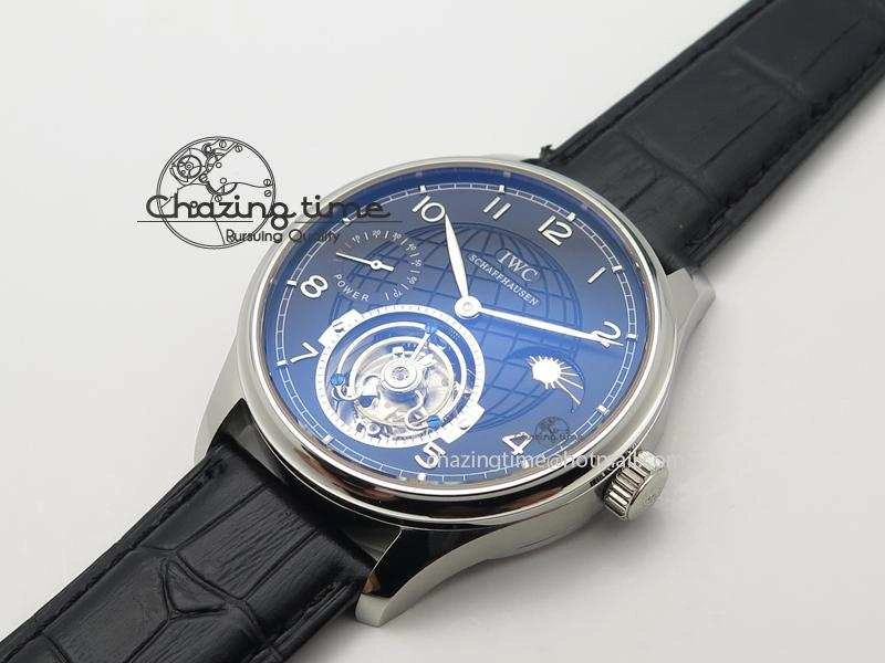 Compact Portuguese Tourbillon Power Reserve Moonphase SS Black Dial On Black Leather Strap 7321